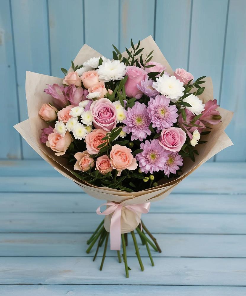 Букет цветов из: Хризантемы, Розы и Альстромерии в Дичне