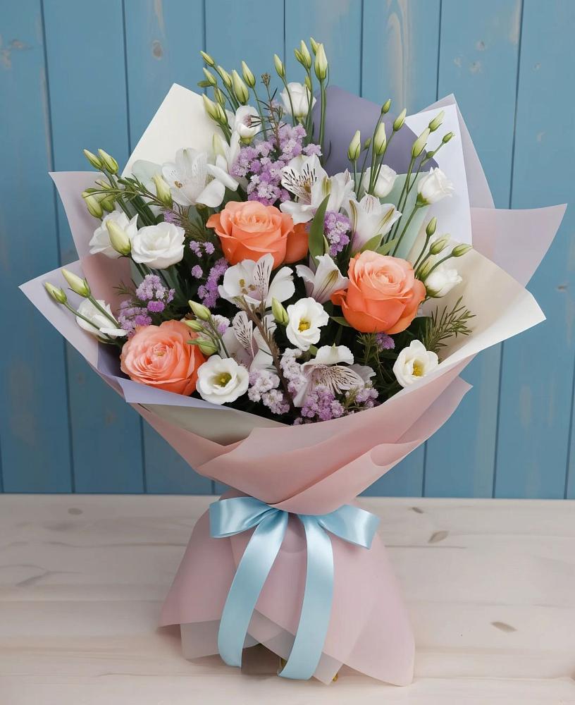 Букет цветов из: Лизиантусы, Розы, Альстромерии и Гипсофила в Дичне