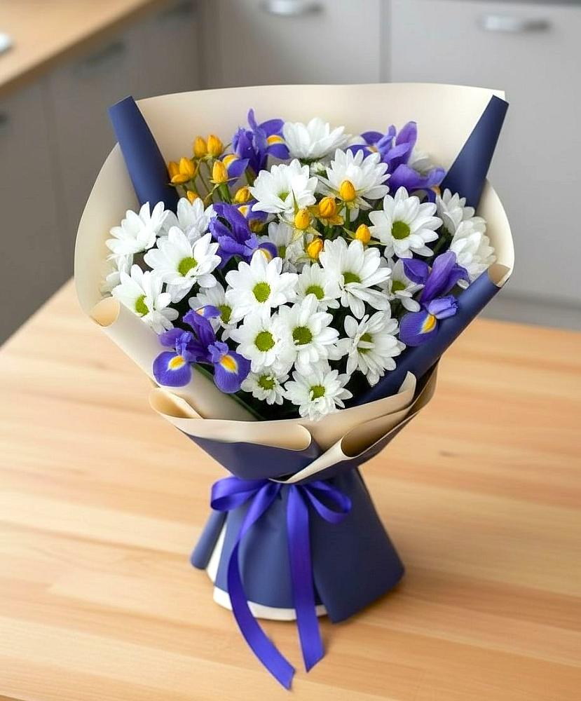 Букет цветов из: Розы, Ирисы и Хризантемы в Дичне