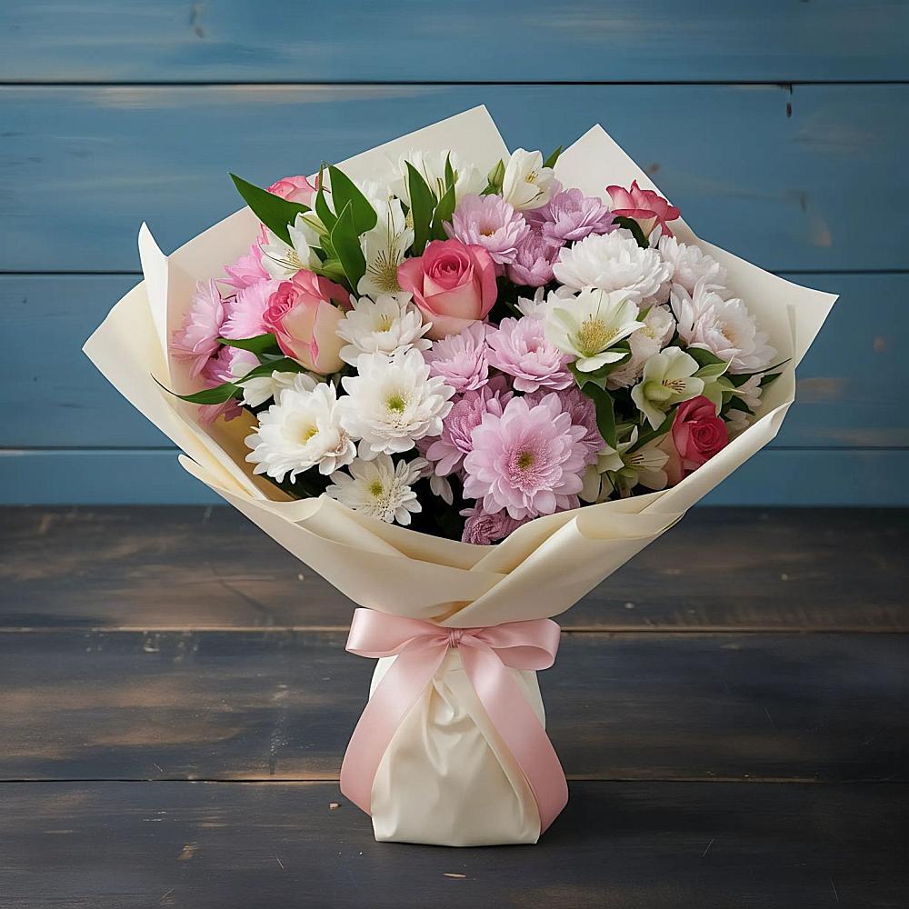 Букет цветов из: Хризантемы, Альстромерии и Розы в Дичне